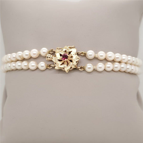14kt Yellow Gold and Ruby Double Strand Pearl Bracelet