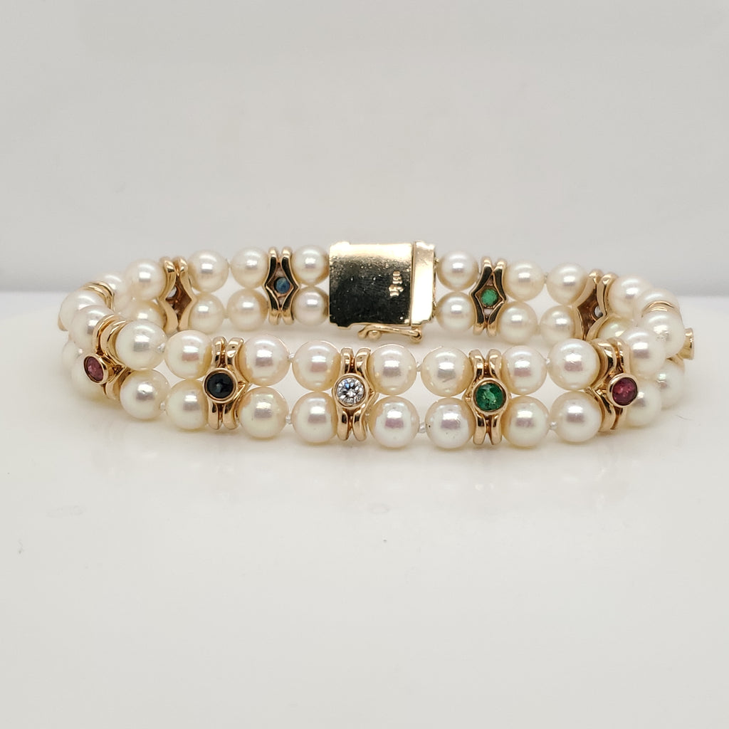 14Kt Yellow Gold Double Strand Cultured Akoya Pearl Bracelet Set With Rubies Sapphires Emeralds and Diamonds