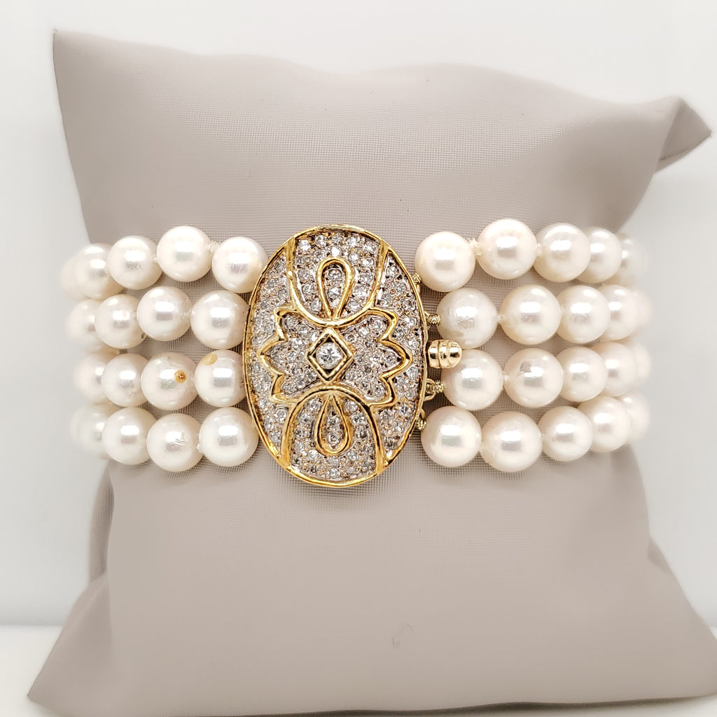 14kt Yellow Gold Four Strand Pearl and Diamond Bracelet