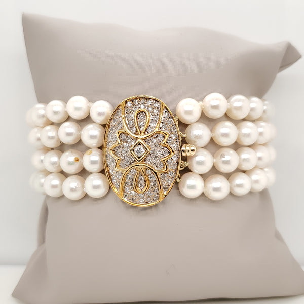 14kt Yellow Gold Four Strand Pearl and Diamond Bracelet