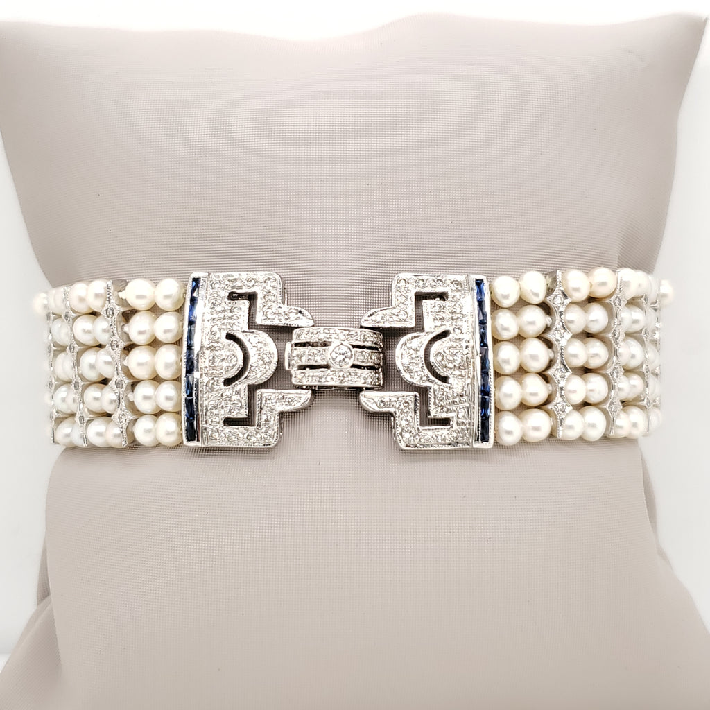14kt White Gold Six Strand Pearl Bracelet with Diamonds and Sapphires