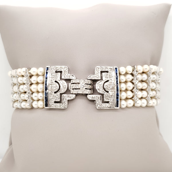 14kt White Gold Six Strand Pearl Bracelet with Diamonds and Sapphires