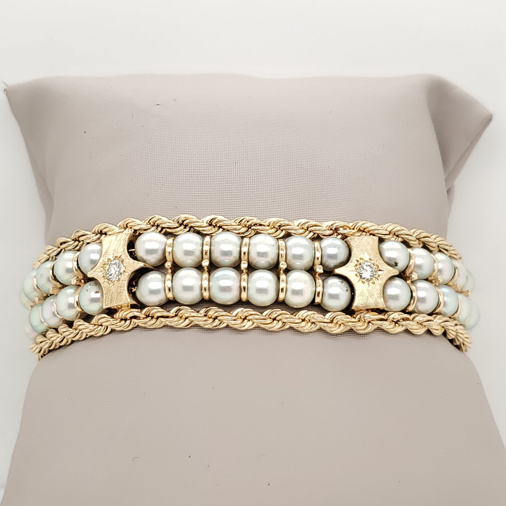 Vintage 14kt Yellow Gold Pearl and Diamond Bracelet