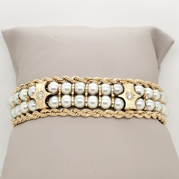Vintage 14kt Yellow Gold Pearl and Diamond Bracelet
