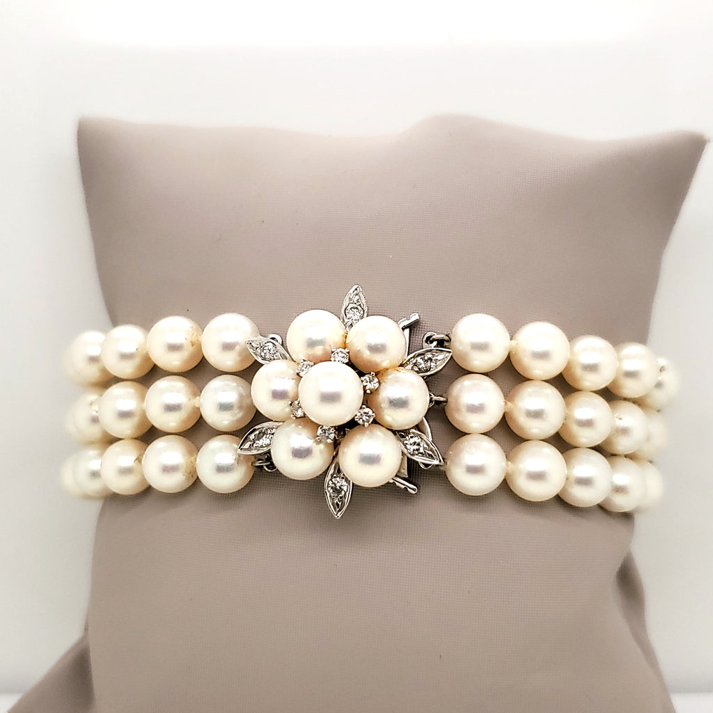 Triple Strand 6.5x6mm Cultured Akoya Pearl and Diamond Bracelet