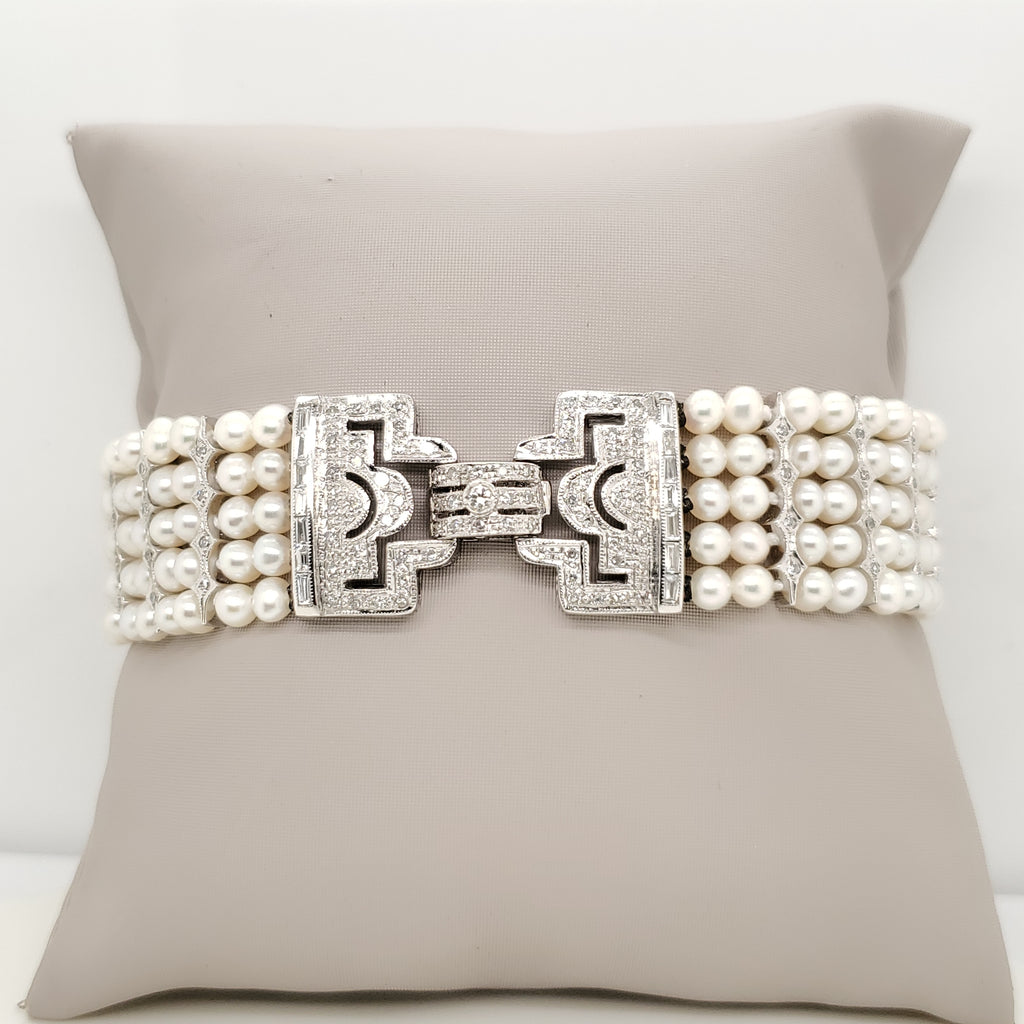 14kt White Gold Five Strand Pearl and Diamond Bracelet