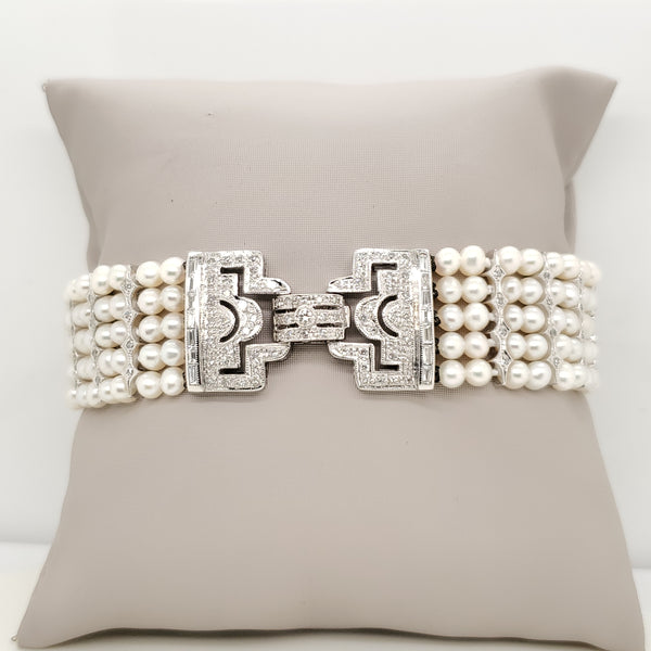 14kt White Gold Five Strand Pearl and Diamond Bracelet