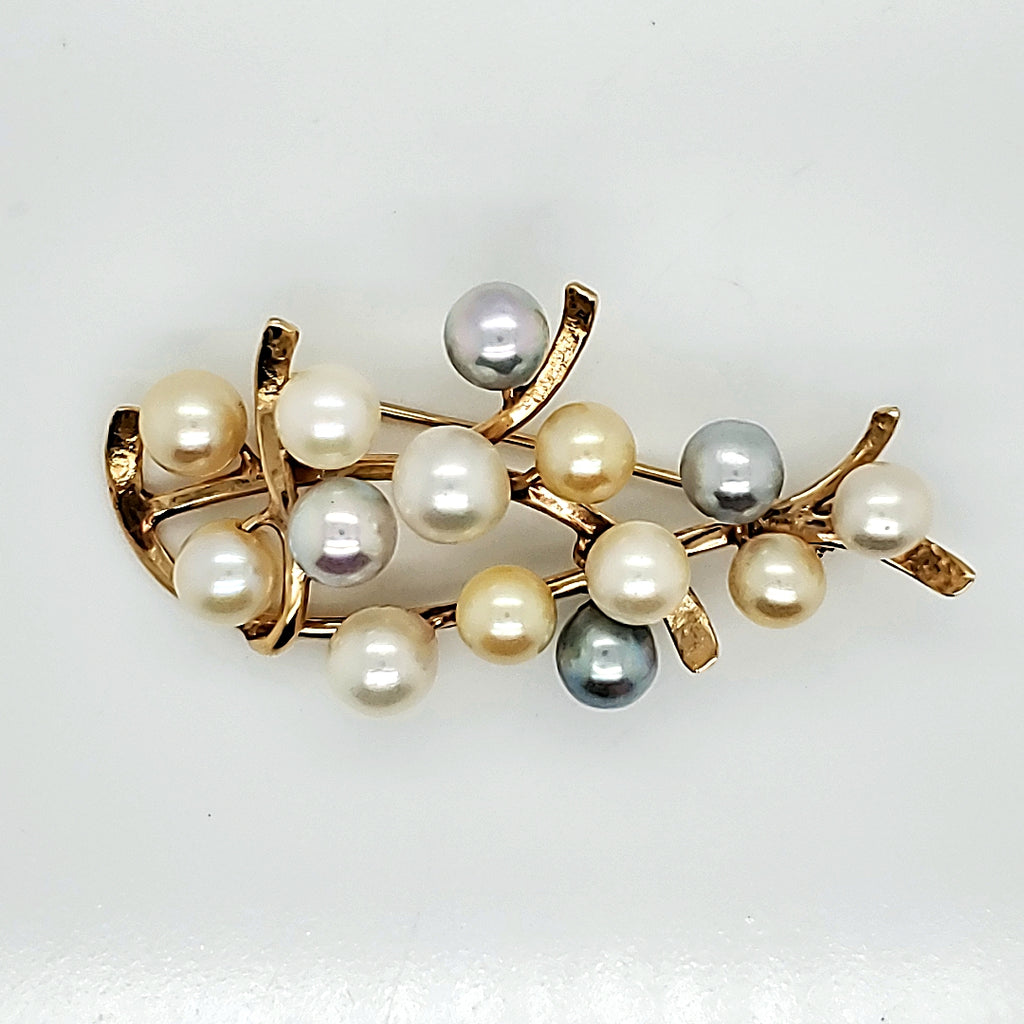 Vintage Mings 14kt ZYellow Gold Multi-Color Pearl Brooch