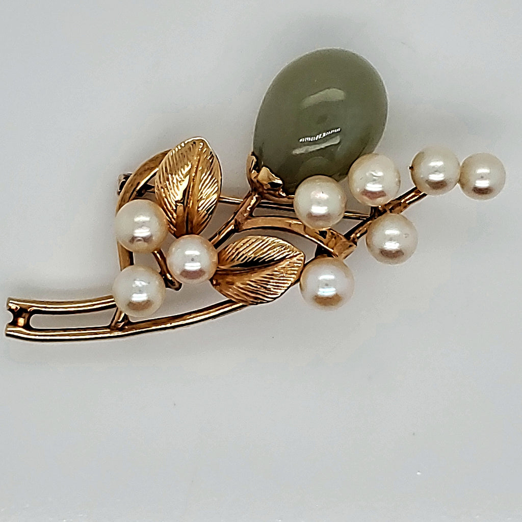 Vintage 14Kt Yellow Gold Jade And Pearl Floral Brooch