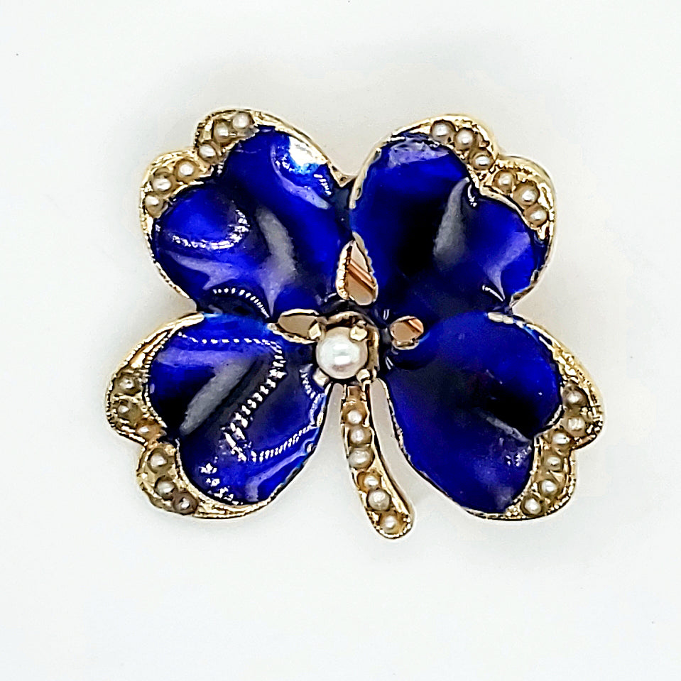 Vintage 14kt Gold Enamel and Pearl Four Leaf Clover Brooch