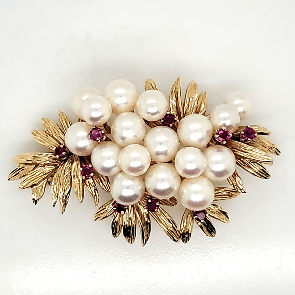 Vintage 14kt Yellow Gold Pearl and Ruby Brooch