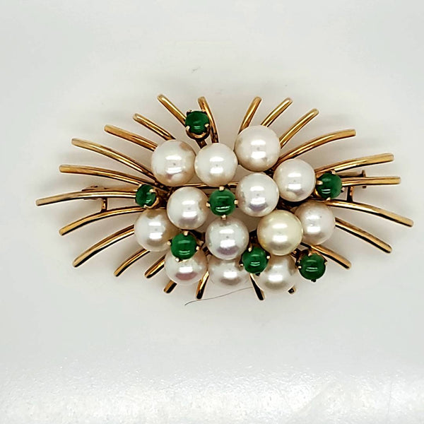 Signed Trio 14Kt Yellow Gold Pearl And Jade Spray Brooch