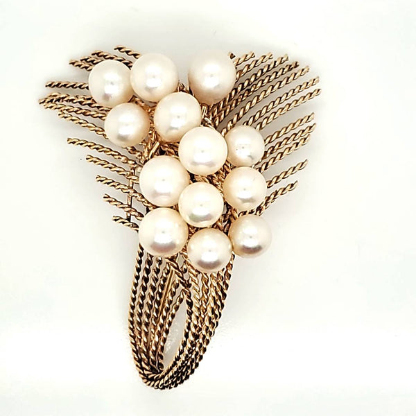 Vintage 14kt Yellow Gold Cultured Pearl Brooch