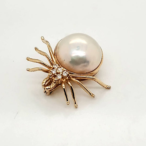 14Kt Yellow Gold Pearl And Diamond Spider Brooch