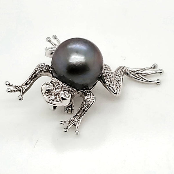 14kt White Gold Tahitian Pearl and Diamond Frog Brooch