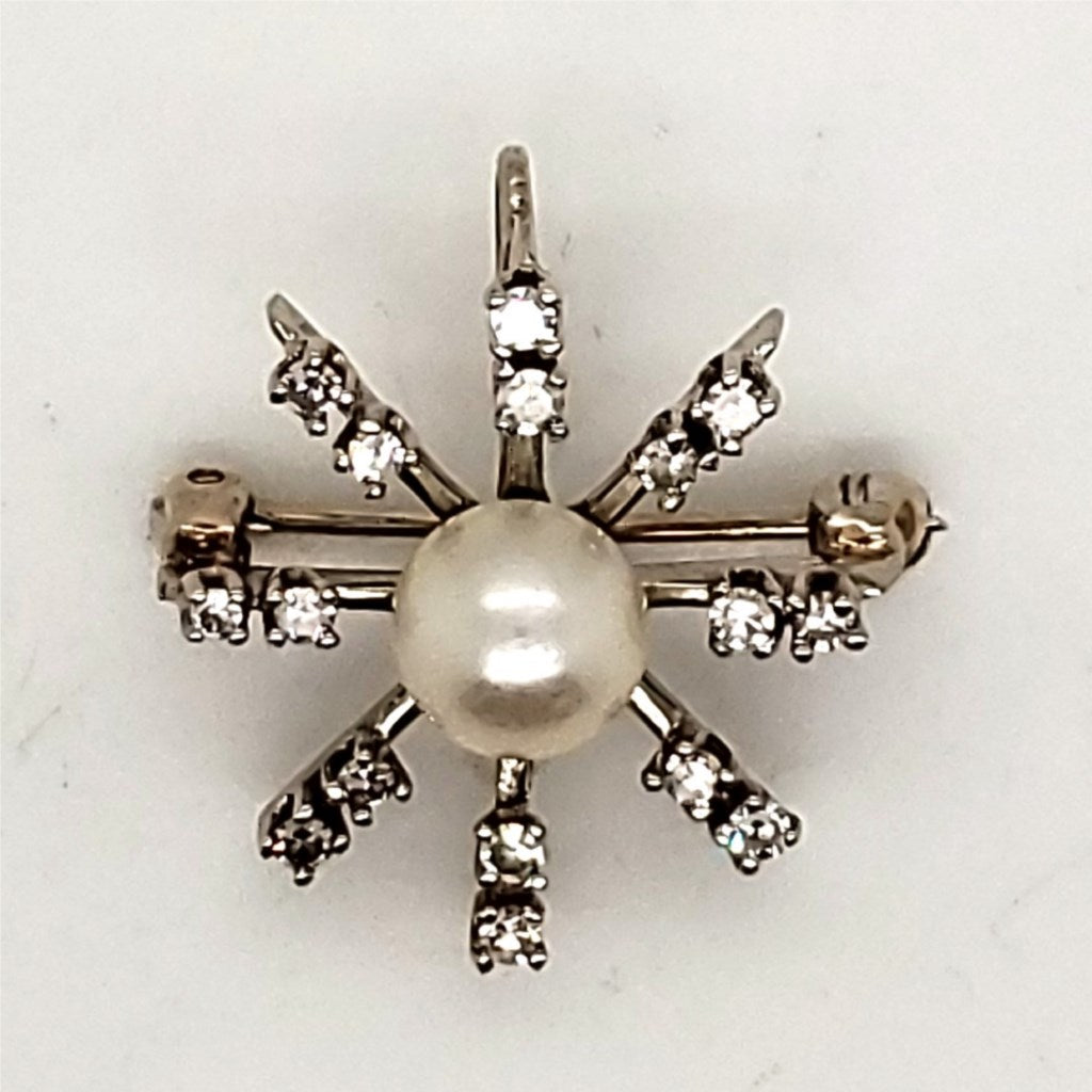 Vintage 14kt White Gold Pearl and Diamond Brooch Pendant