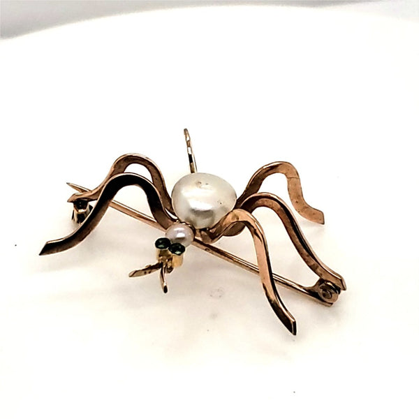 10Kt Yellow Gold Pearl And Emerald Spider Brooch