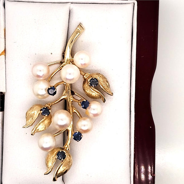 Vintage 14kt Yellow Gold Pearl and Sapphire Leaf brooch