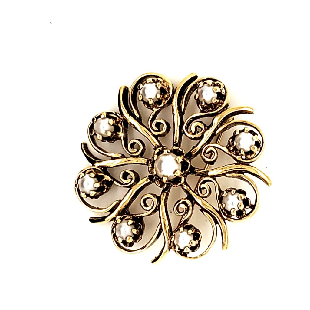 Vintage 14kt Yellow Gold Pearl Sunburst Style Brooch