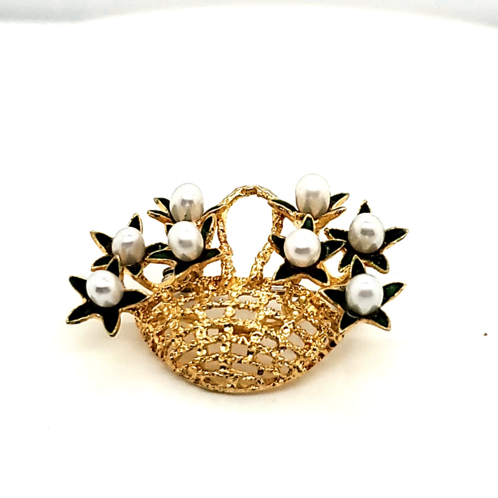 Vintage Mid-Century 18Kt Yellow Gold Pearl and Enamel Flower Basket Brooch