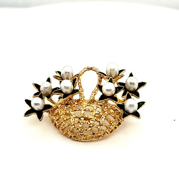 Vintage Mid-Century 18Kt Yellow Gold Pearl and Enamel Flower Basket Brooch