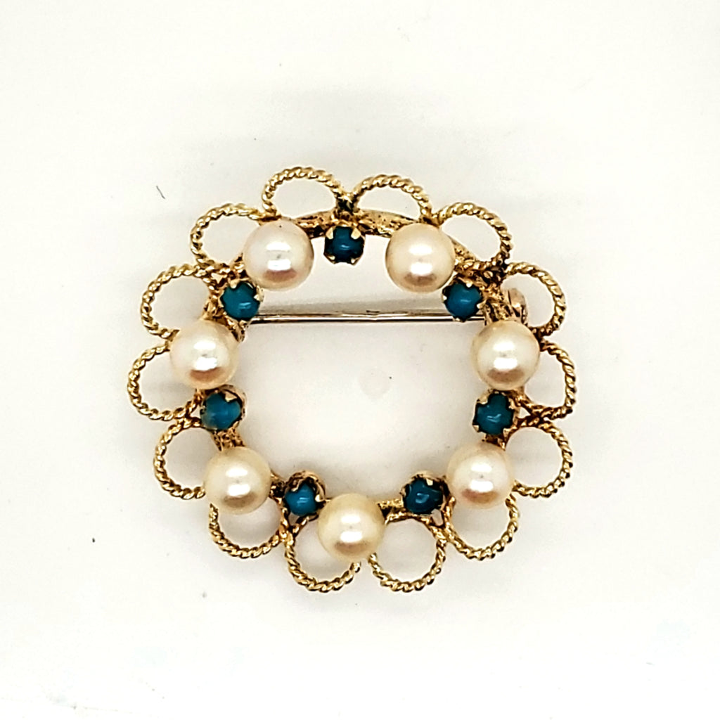 Vintage 18kt Yellow Gold Turquoise and Pearl Brooch