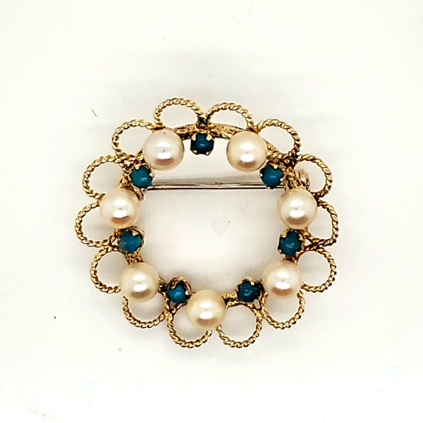 Vintage 18kt Yellow Gold Turquoise and Pearl Brooch