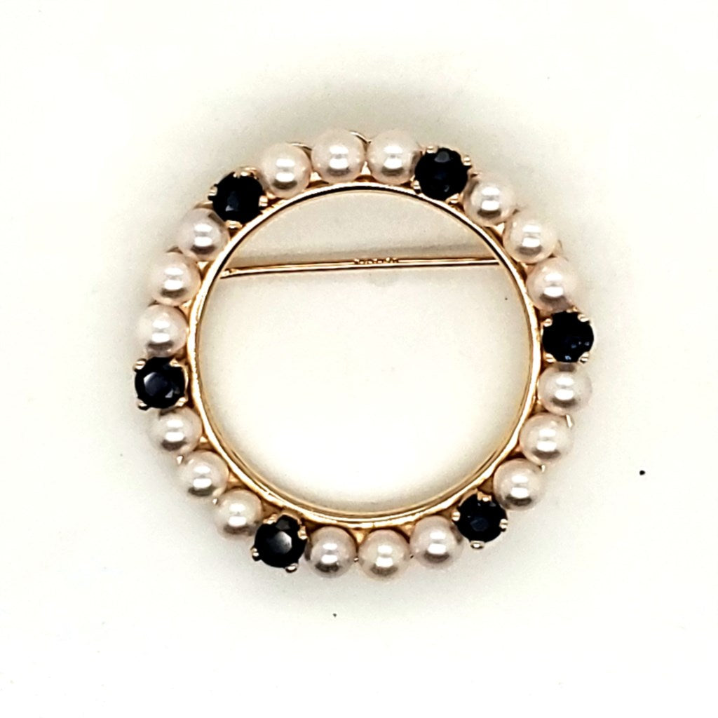 Vintage 14kt Yellow Gold Pearl and Sapphire Circle Brooch