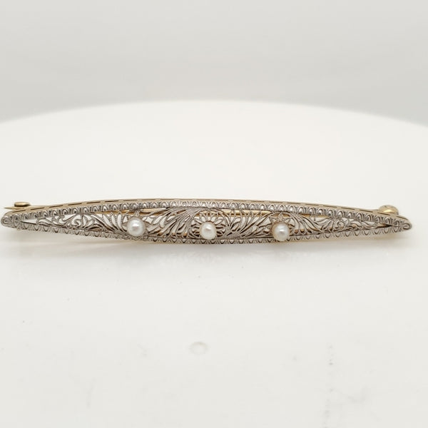 Art Deco 14kt Gold Filigree Pearl Brooch