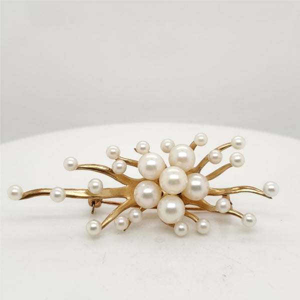 Vintage 14kt Yellow Gold Brutalist Pearl Brooch