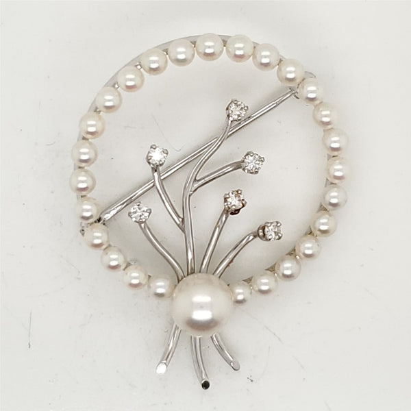 Vintage 14kt White Gold Pearl and Diamond Circle Brooch