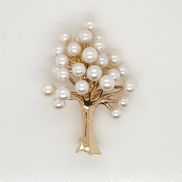 Vintage 14kt Yellow Gold and Akoya Pearl Tree of Life Brooch