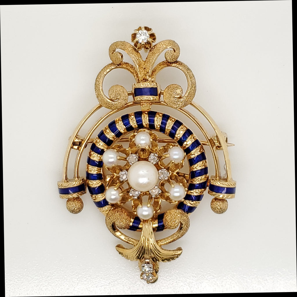 Vintage18kt Yellow Gold Pearl and Diamond Brooch Pendant