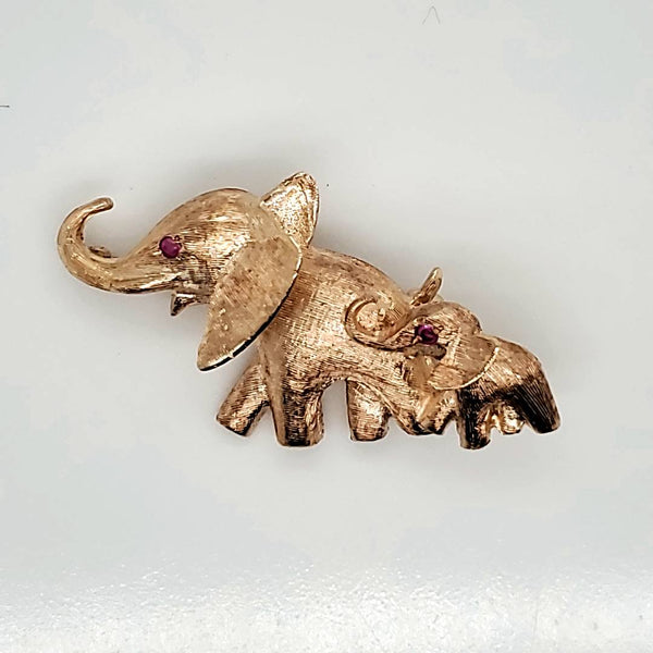 Vintage 14kt Yellow Gold and Ruby Mother and Baby Elephant Brooch