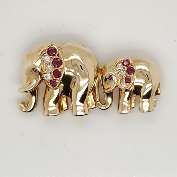 Vintage 18kt Yellow Gold Diamond and Ruby Mother and Baby Elephant Brooch