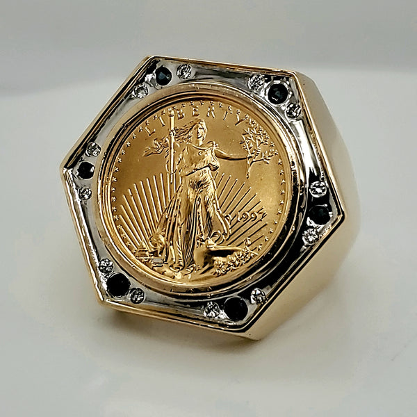 14kt yellow gold Sapphire Diamond and Gold Coin Ring