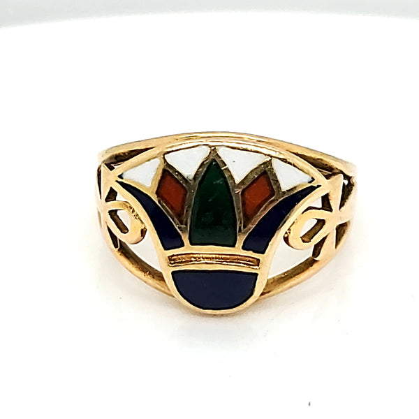 Art Deco 2nd Egyptian Revival Enamel Ring In 18Kt Yellow Gold