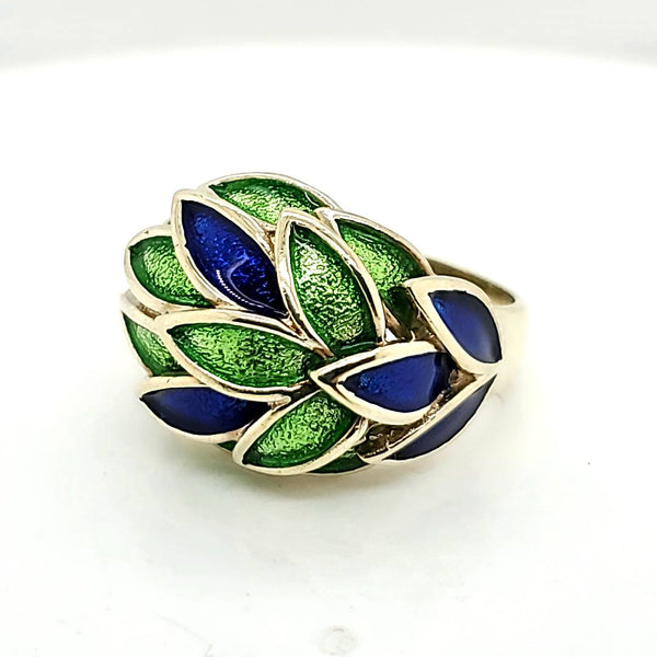 Vintage 14kt Yellow Gold Green and Blue Enamel Dome Ring