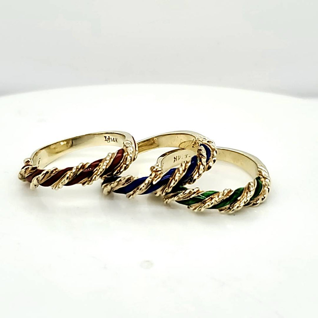 Vintage Set of Three 14kt Yellow Gold Enamel Bands