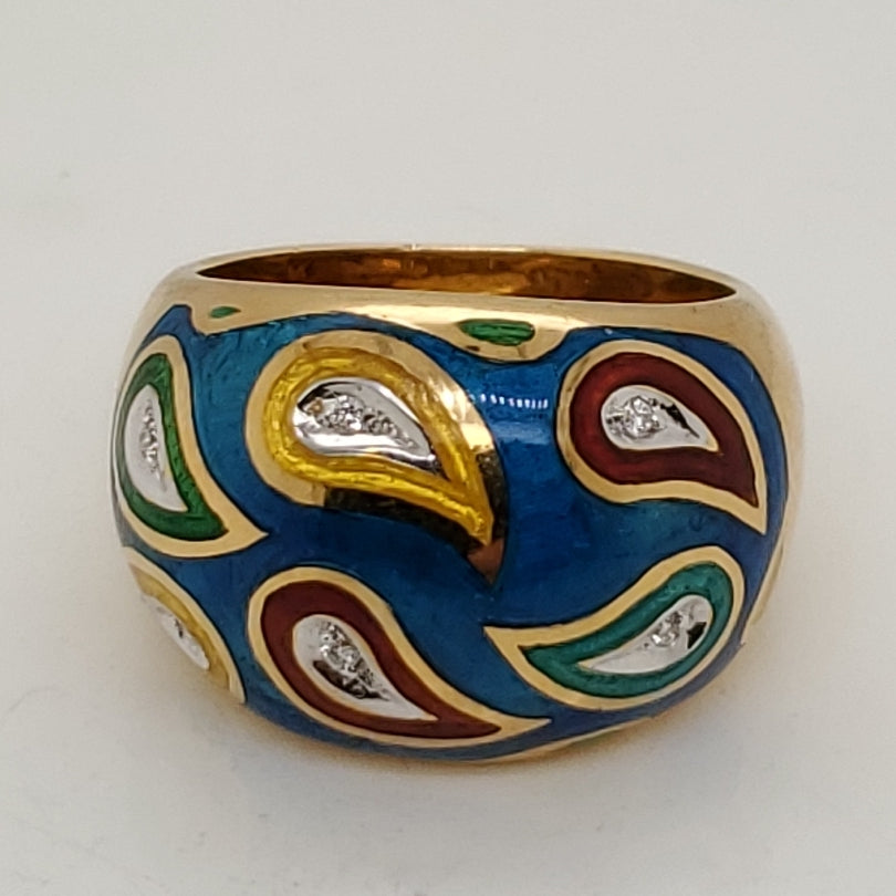 Vintage 18kt Yellow Gold Enamel and Diamond Dome Ring