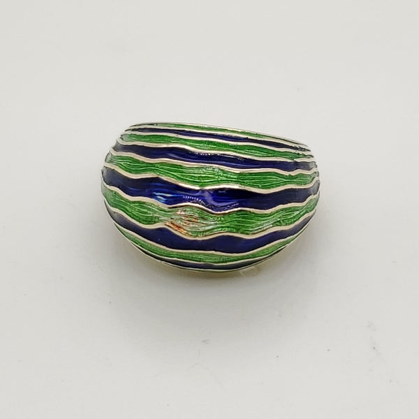 Vintage 14kt Yellow Gold Green and Blue Enamel Dome Ring