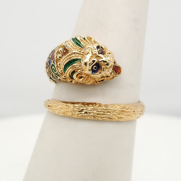Vintage 18kt Yellow Gold and Enamel Lions Head Ring