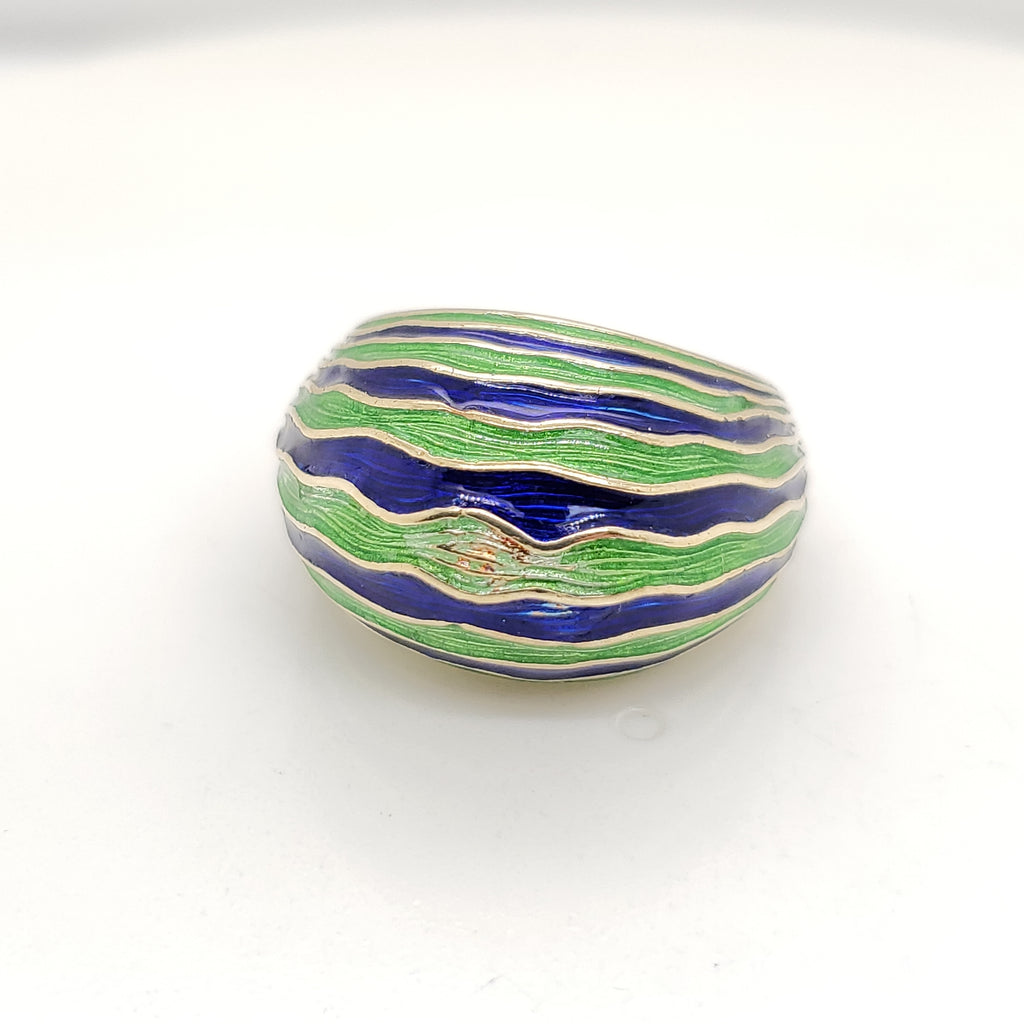Vintage 14kt Yellow Gold Green and Blue Enamel Dome Ring