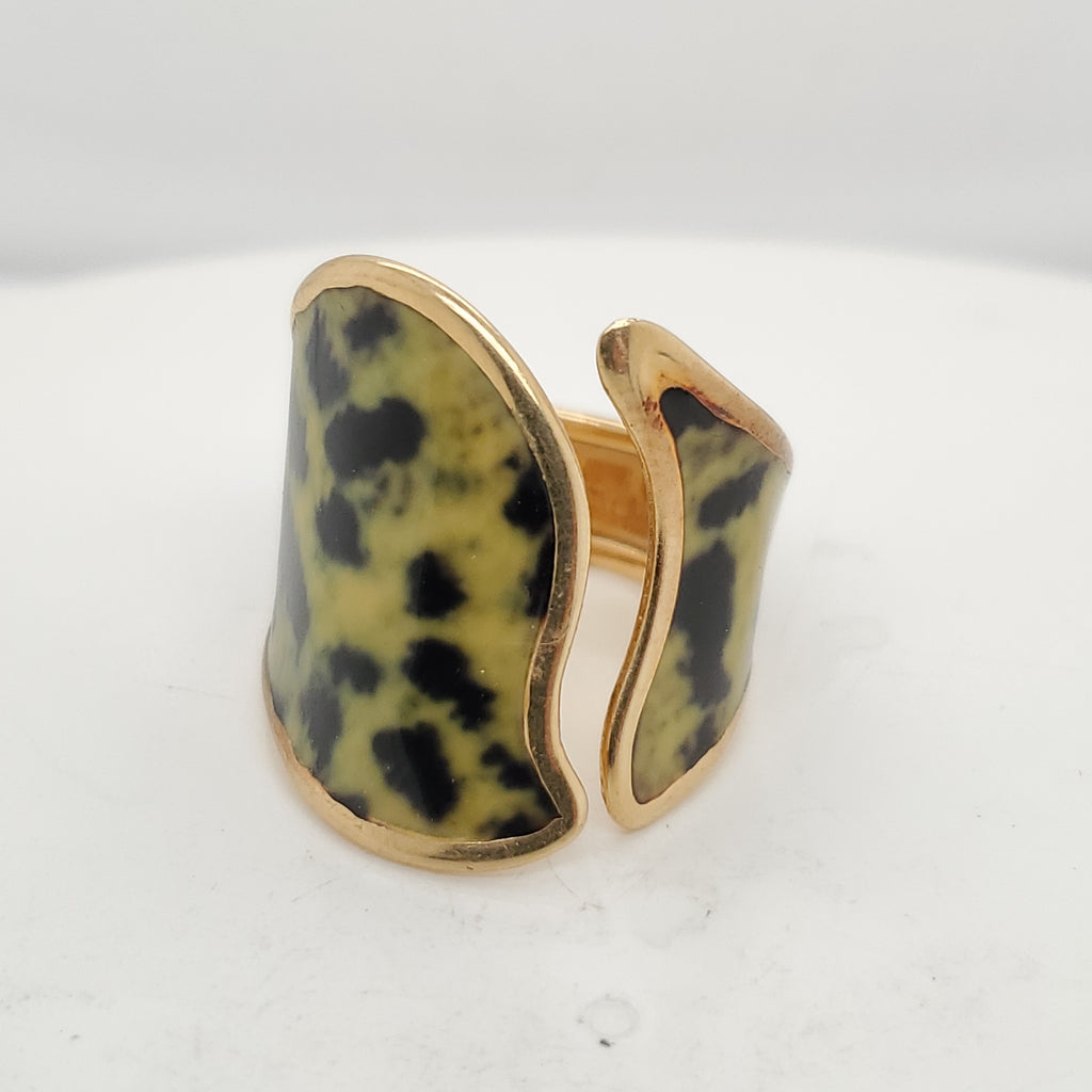 14kt Yellow Gold Green and Black Enamel Modern Ring