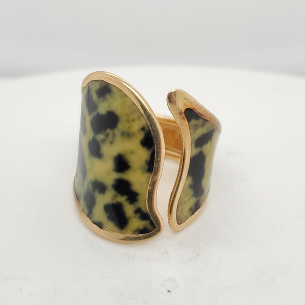 14kt Yellow Gold Green and Black Enamel Modern Ring