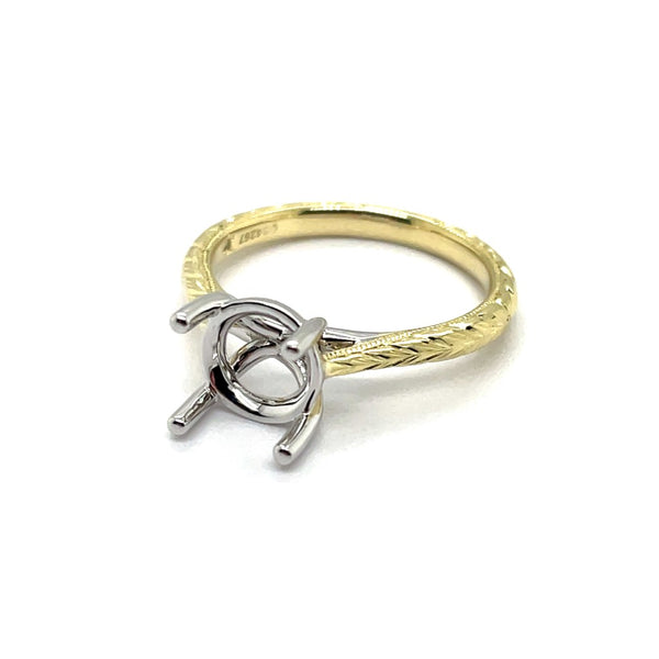 14kt Yellow And White Gold Engraved Solitaire Semi-Mount