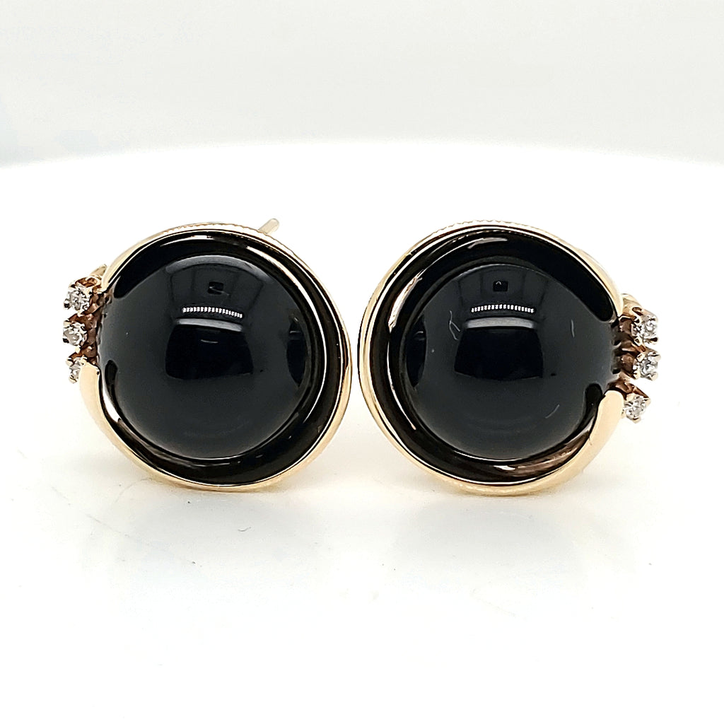 Vintage Maz 14kt Yellow Gold Onyx and Diamond Earrings