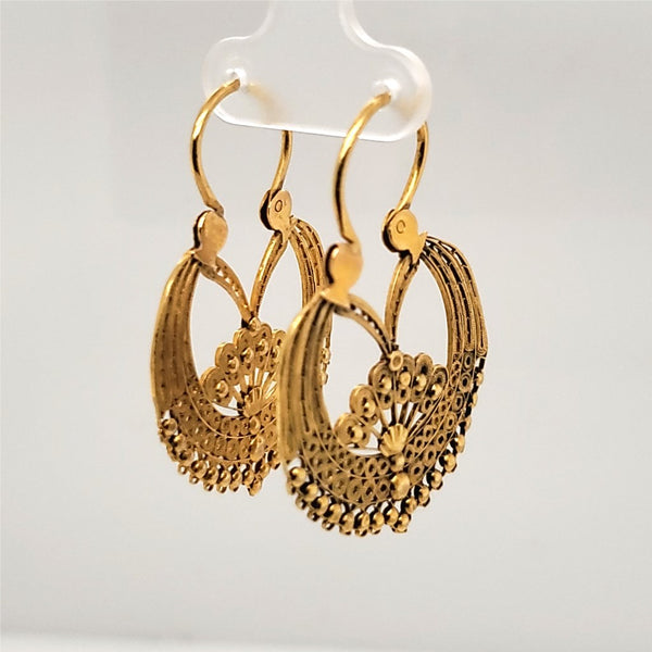 Vintage 18Kt Yellow Gold Filigree Hoop Earrings