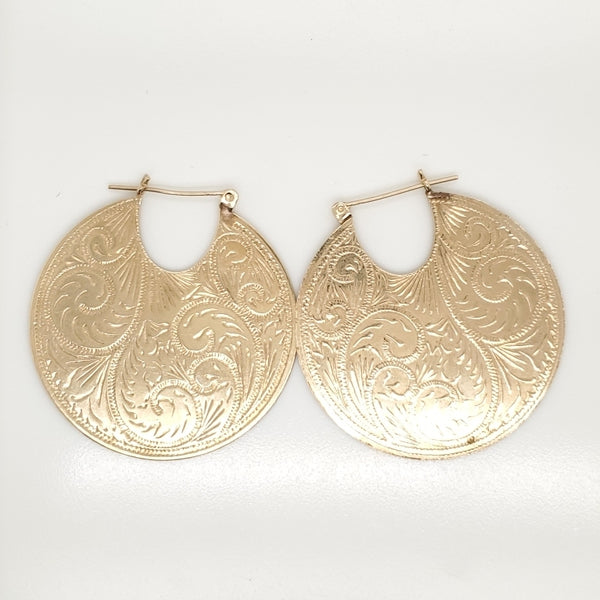 Vintage 14kt Yellow Gold Hand Engraved 38Mm Hoop Earrings