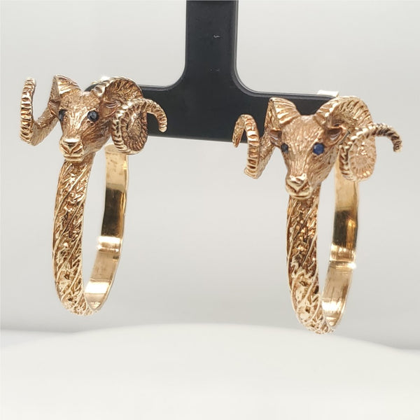 Vintage 14Kt Yellow Gold Rams Head Hoop Earrings